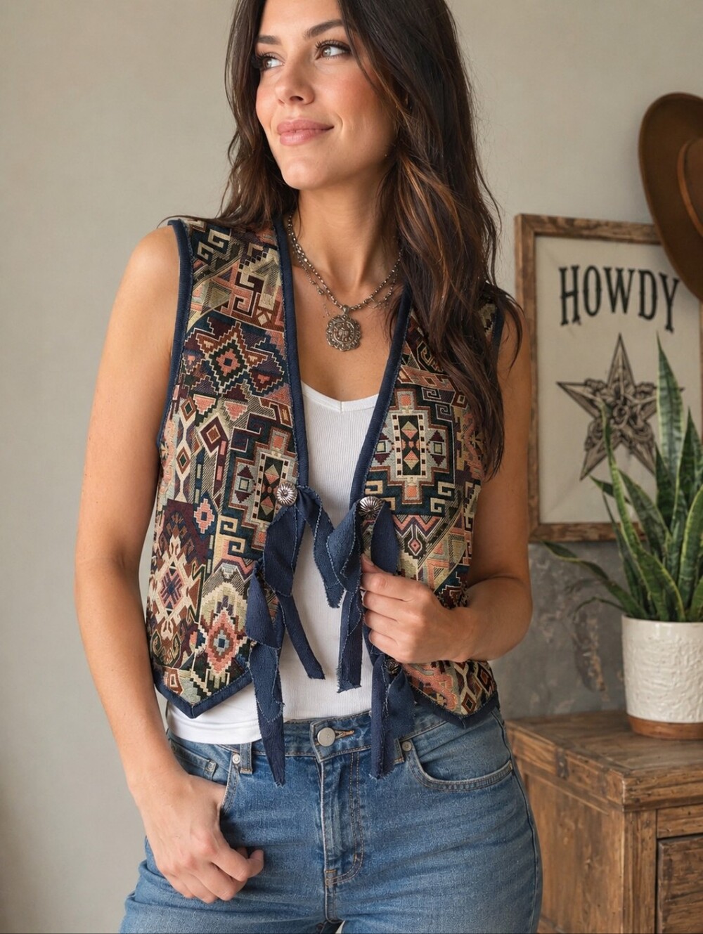 Diamond L Western Wear Southwestern Tapestry Tie Vest Made in USA - Picture 1 of 6